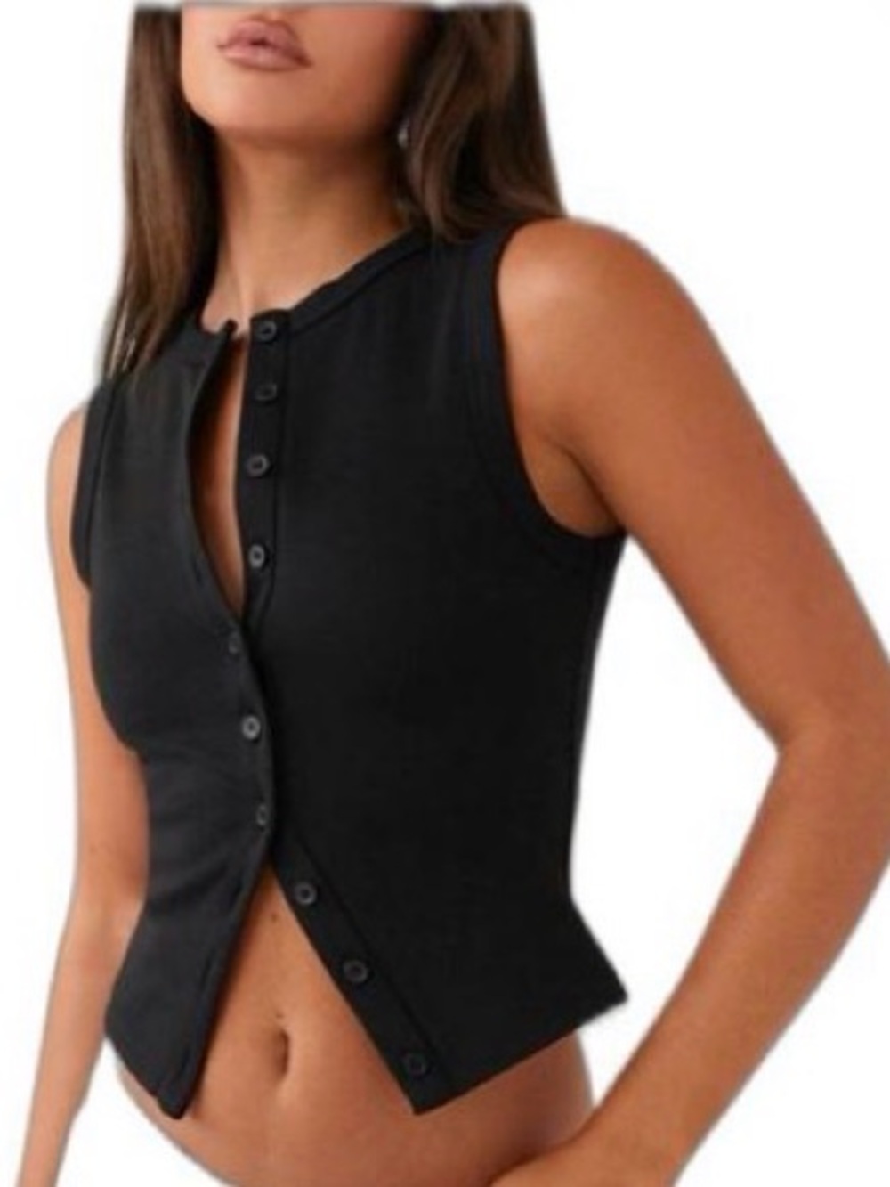 Sleeveless Black Button-Front Ribbed Tank